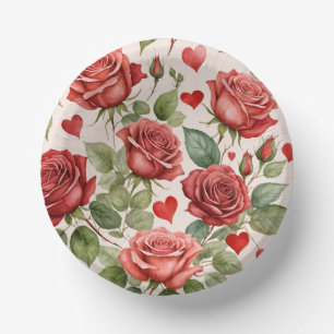 Red Roses with Valentine Hearts Pattern Romantic Paper Plate