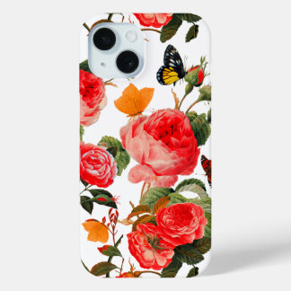 RED ROSES,YELLOW BUTTERFLIES White Floral iPhone 15 Case