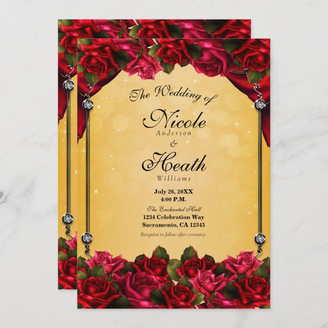 Red Roses Yellow & Gold Elegant Wedding  Invitation (Front/Back)