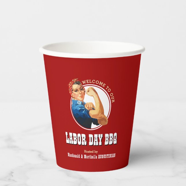 Red Rosie Riveter LABOR DAY BBQ Paper Cups (Front)