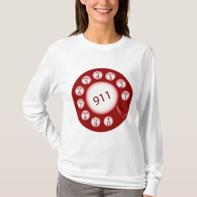 Red Rotary Phone Dial 911 Emergency Number T-Shirt (Front)