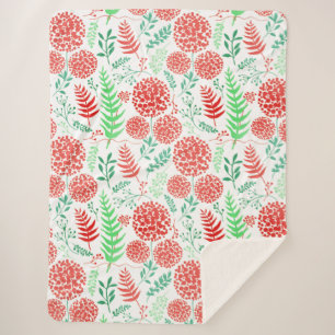 Red round flowers green leaves pattern sherpa blanket