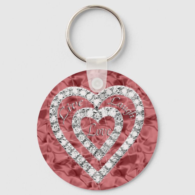 Red Round Live Laugh Love Diamond Heart Keychain (Front)