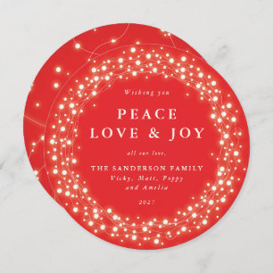 Red Round Sparkling Lights Peace Love + Joy Holiday Card