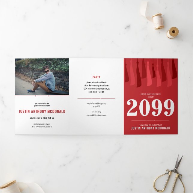 Red Row of Tassels 3-Photo Graduation Tri-Fold Invitation (Outside)