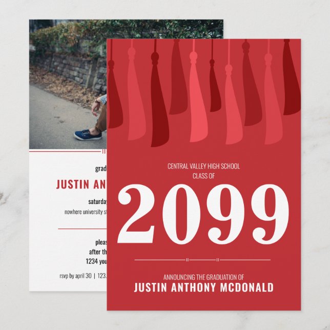 Red Row of Tassels Photo Graduation Invitation (Front/Back)