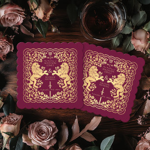 Red Royal Lion Mediaeval Sword Wedding Paper Coaster