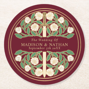Red Royal Mediaeval Gold Floral Sword Wedding Round Paper Coaster
