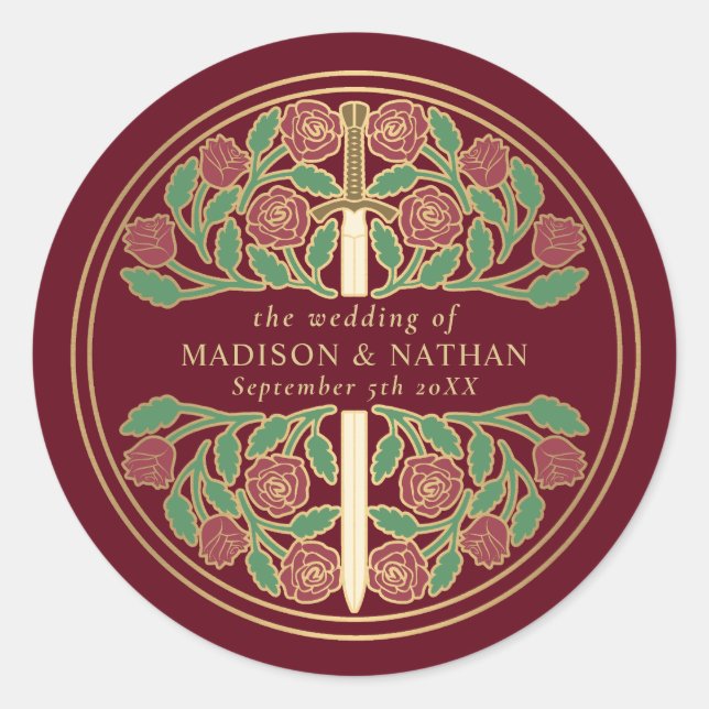 Red Royal Mediaeval Gold Sword Wedding  Classic Round Sticker (Front)
