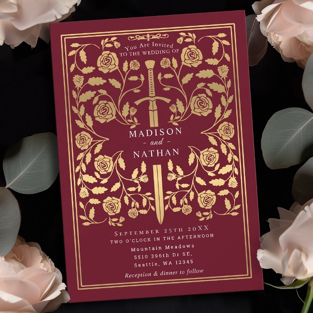 Red Royal Mediaeval Gold Sword Wedding Invitation (Creator Uploaded)
