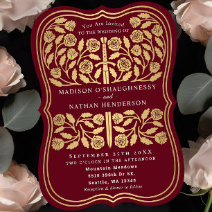 Red Royal Mediaeval Gold Sword Wedding Invitation