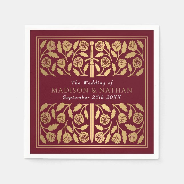 Red Royal Mediaeval Gold Sword Wedding Napkin (Front)