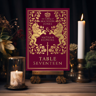 Red Royal Mediaeval Lion Wedding  Table Number