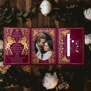 Red Royal Mediaeval Lion Wedding Tri-Fold Invitation