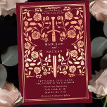 Red Royal Mediaeval Rose Gold  Sword Wedding  Invitation<br><div class="desc">Step into a tale of romance and legend! These mediaeval fantasy wedding invitations feature a regal sword entwined with rose gold florals on a rich red backdrop. They are perfect for couples seeking an enchanting and timeless touch for their special day. Note that the rose gold on these invitations are...</div>