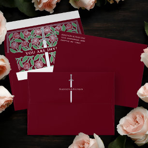 Red Royal Mediaeval Silver Floral Sword Wedding Envelope