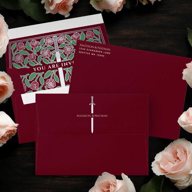 Red Royal Mediaeval Silver Floral Sword Wedding Envelope (Creator Uploaded)