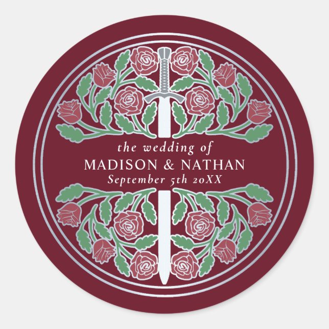 Red Royal Mediaeval Silver Sword Wedding  Classic Round Sticker (Front)