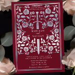 Red Royal Mediaeval Silver Sword Wedding  Invitation<br><div class="desc">Step into a tale of romance and legend! These mediaeval fantasy wedding invitations feature a regal sword entwined with silver florals on a rich red backdrop. They are perfect for couples seeking an enchanting and timeless touch for their special day. Note that the silver on these invitations are NOT printed...</div>