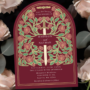 Red Royal Mediaeval Sword Wedding Arch Invitation
