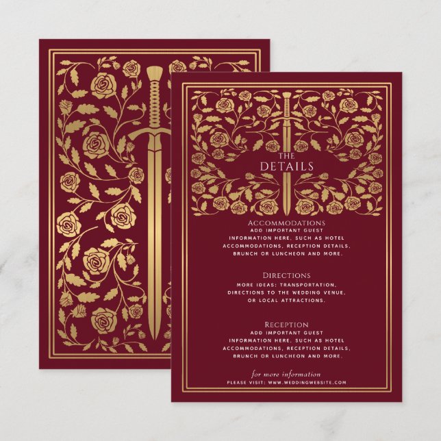 Red Royal Mediaeval Sword Wedding Details  Enclosure Card (Front/Back)