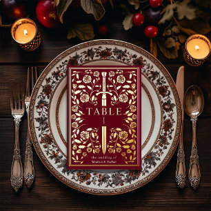 Red Royal Mediaeval Sword Wedding Table Card