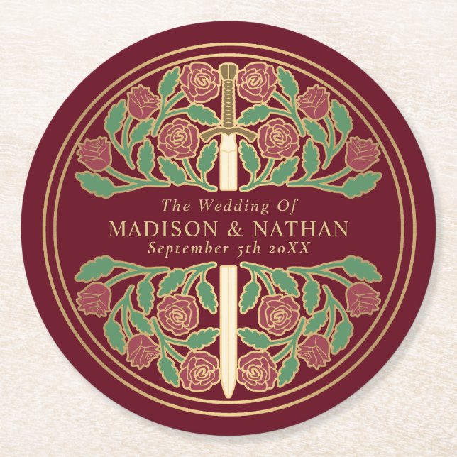 Red Royal Medieval Gold Sword Wedding Round Paper Coaster (Front)