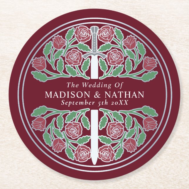Red Royal Medieval Silver Sword Wedding Round Paper Coaster (Front)