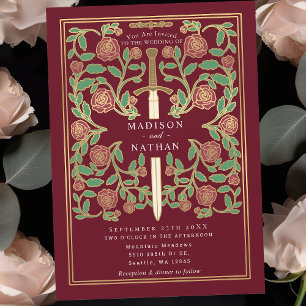 Red Royal Sword Floral Mediaeval Fantasy Wedding  Invitation