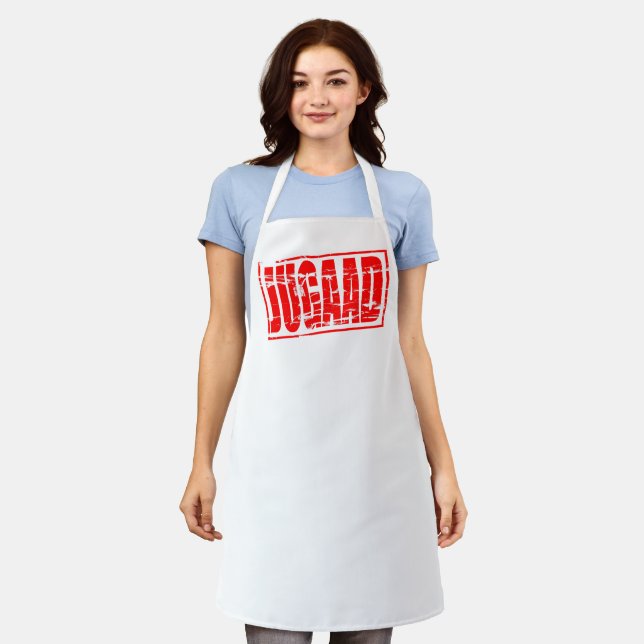 Red rubber stamp effect with the term Jugaad. जुगा Apron (Worn)