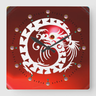 RED RUBY AND WHITE SNAKE DRAGON ,PINK GEMSTONES SQUARE WALL CLOCK