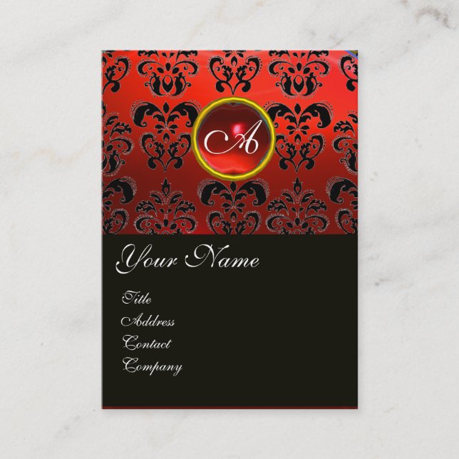 RED RUBY BLACK DAMASK MONOGRAM, BUSINESS CARD (Front)