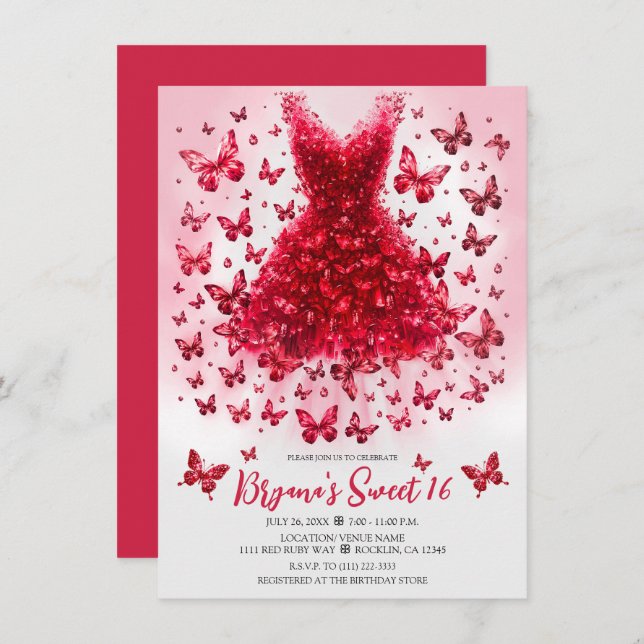 Red Ruby Crystal Butterfly Dress July Birthstone Invitation (Front/Back)