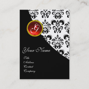 RED RUBY DAMASK MONOGRAM BUSINESS CARD