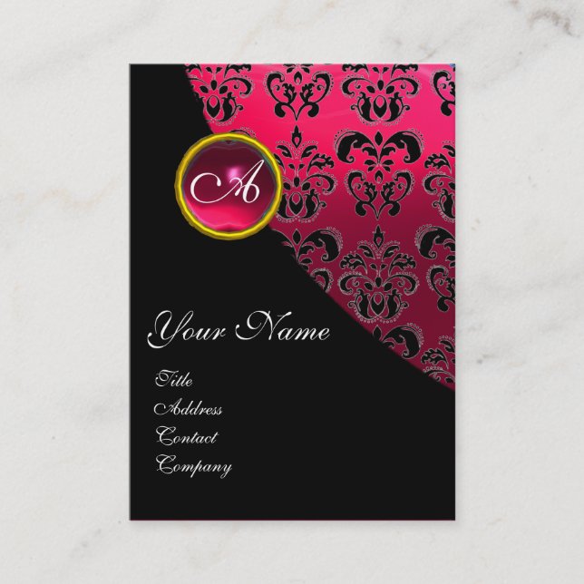 RED RUBY DAMASK MONOGRAM, fuchsia Business Card (Front)