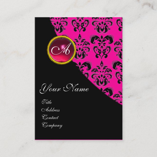 RED RUBY DAMASK MONOGRAM fuchsia pink Business Card (Front)