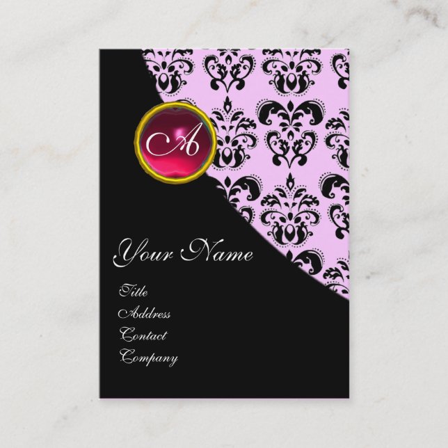 RED RUBY DAMASK MONOGRAM fuchsia pink Business Card (Front)