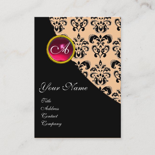 RED RUBY DAMASK MONOGRAM fuchsia pink Business Card (Front)