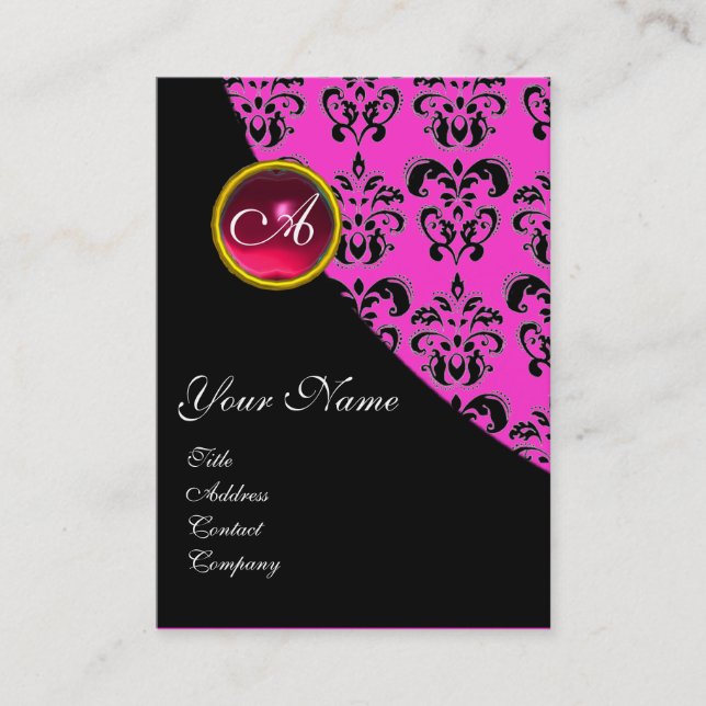 RED RUBY DAMASK MONOGRAM fuchsia pink violet Business Card (Front)