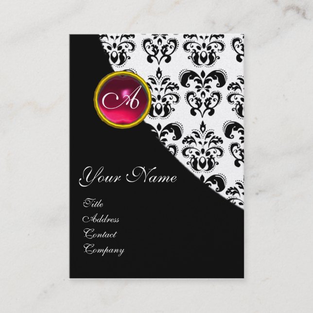 RED RUBY DAMASK MONOGRAM fuchsia platinum silver Business Card (Front)