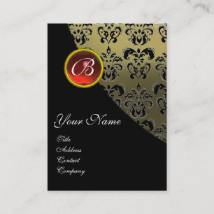 RED RUBY DAMASK MONOGRAM,grey Business Card