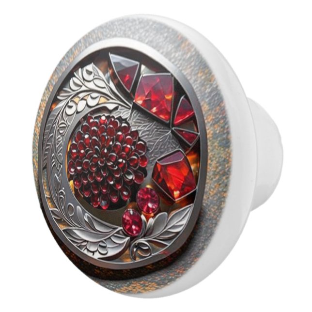 Red Ruby Mandala with Ornate Silver Ceramic Knob (Right)