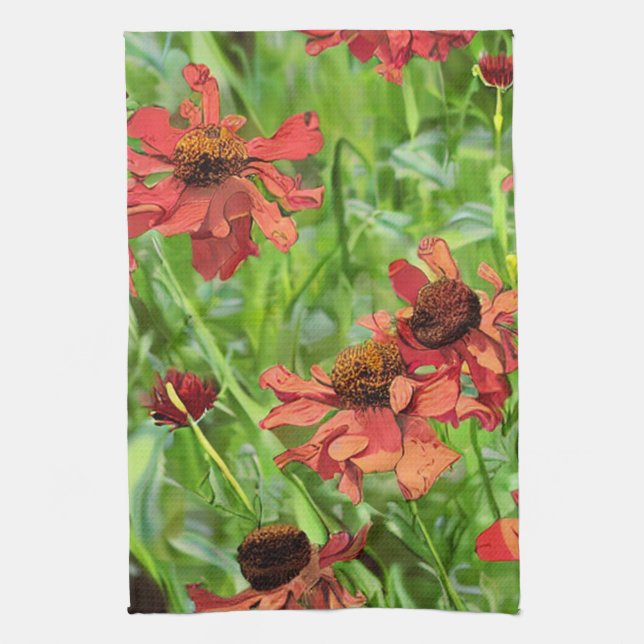 RED RUDBECKIA FLOWERS TEA TOWEL (Vertical)