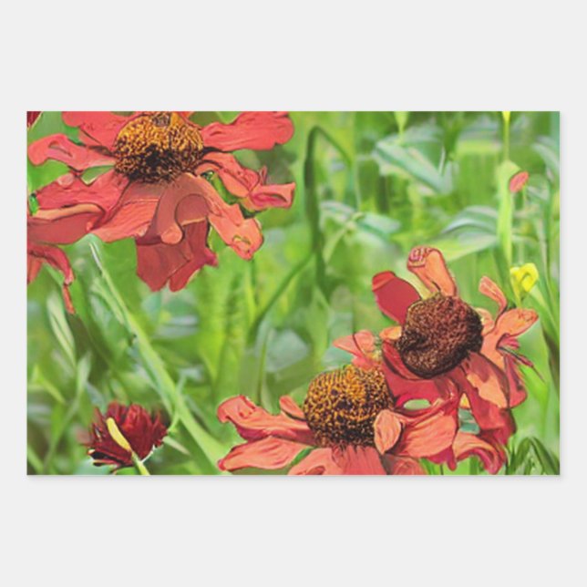 RED RUDBECKIA FLOWERS WRAPPING PAPER SHEET (Front)