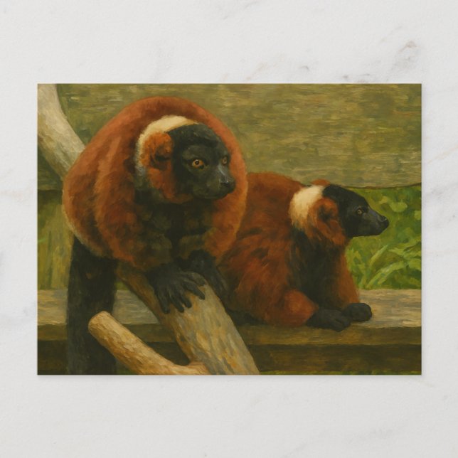 Red Ruffed Lemurs in Woodland Light Postcard (Front)