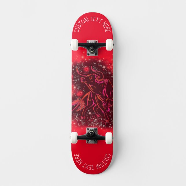 Red Running Bull At Starry Night Text Skateboard (Front)