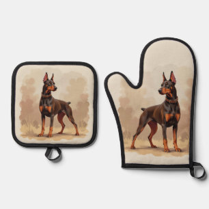 Red Rust Brown Doberman Pinscher Dog Oven Mitt & Pot Holder Set