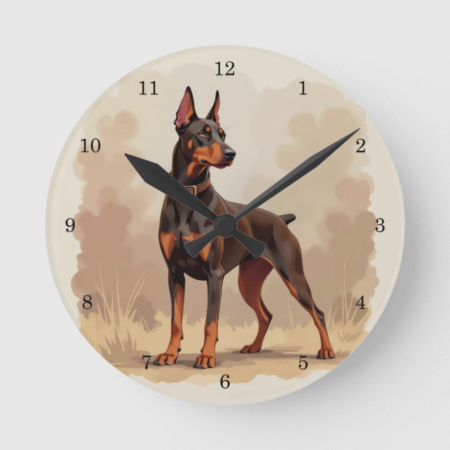 Red Rust Brown Doberman Pinscher Dog Round Clock (Front)