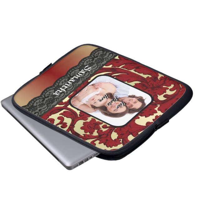 Red rust damask laptop sleeve (Front Bottom)