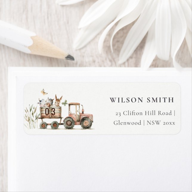 Red Rust Farm Animals Tractor Kids Address (Insitu)